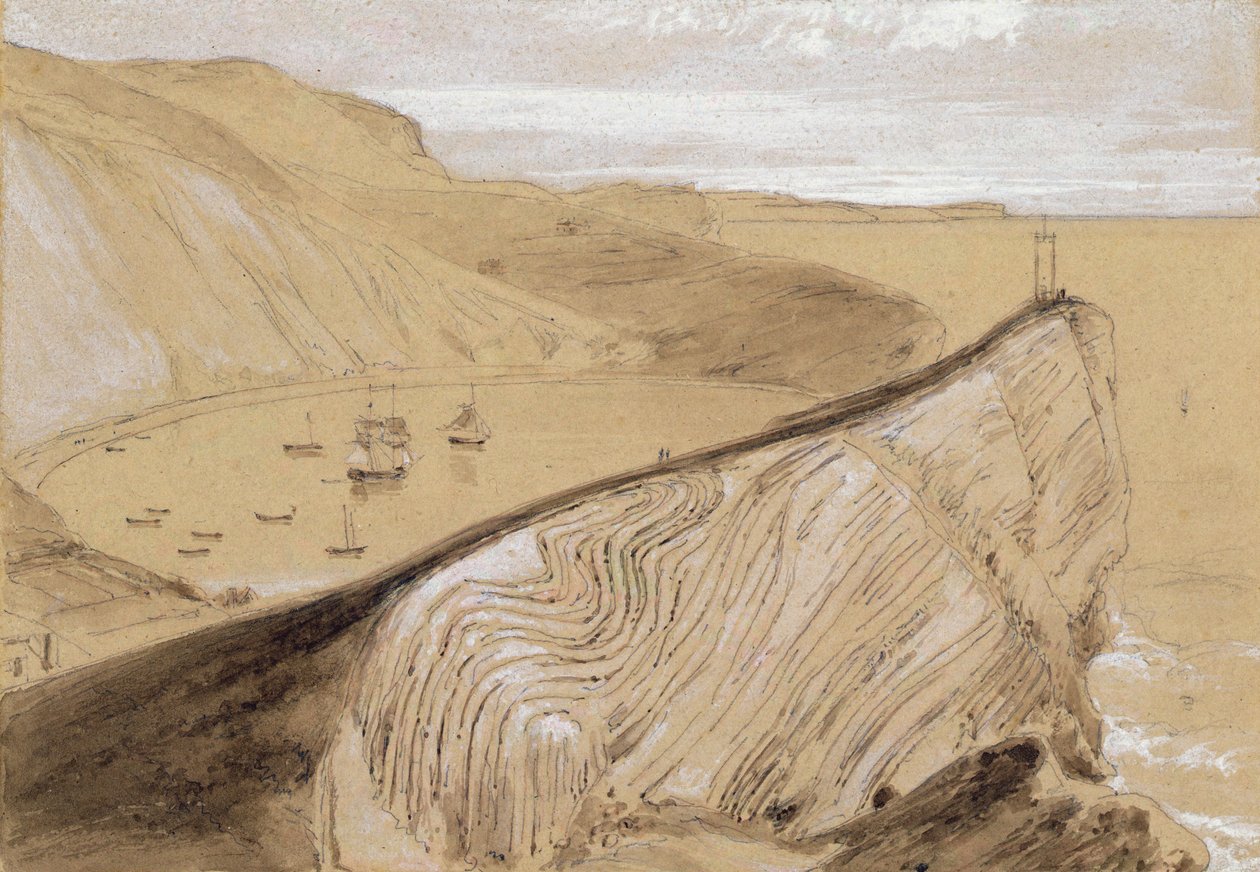 Lulworth Cove (wc, guache e grafite em papel de seda bege) de William Daniell