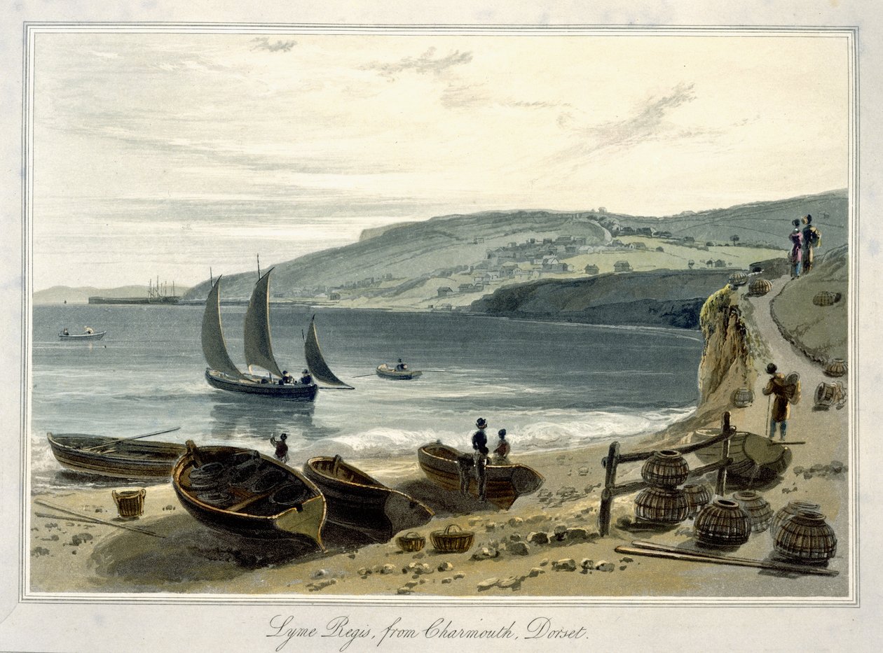 Lyme Regis, de Charmouth, Dorset, de "Uma viagem pela Grã-Bretanha empreendida entre os anos 1814 e 1825" (aquatint) de William Daniell