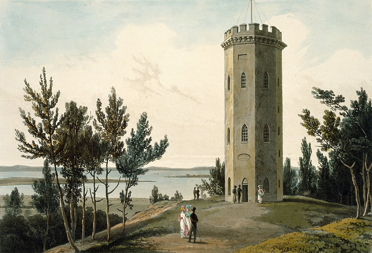 Torre de Nelson, Forres, de "Uma viagem pela Grã-Bretanha empreendida entre os anos de 1814 e 1825", publicada em 1821 de William Daniell