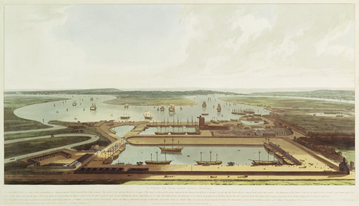 New Dock, Wapping, 1808 (aquatinta colorida à mão) de William Daniell