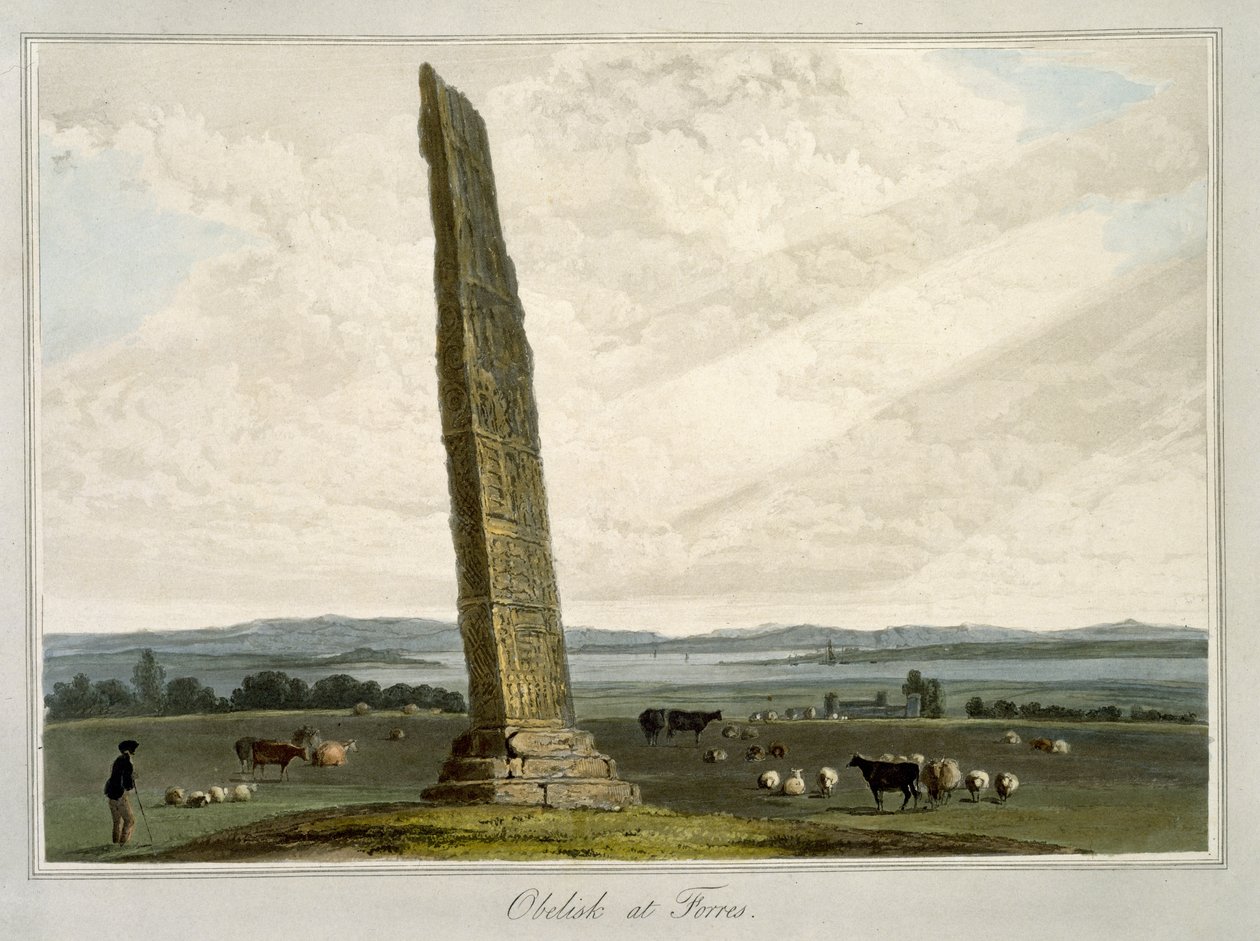 Obelisco em Forres, de "Uma viagem pela Grã-Bretanha realizada entre os anos de 1814 e 1825", publicada em 1821 de William Daniell