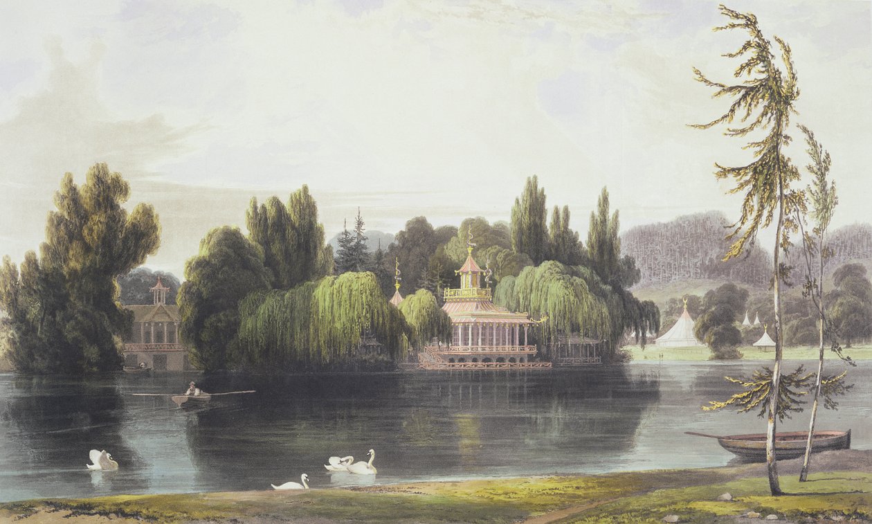 Vista, de, água virgínia, com, jardim, templos, de, &39;Views, de, windsor, Eton, e, virgínia, Water&39;, c.1828 de William Daniell