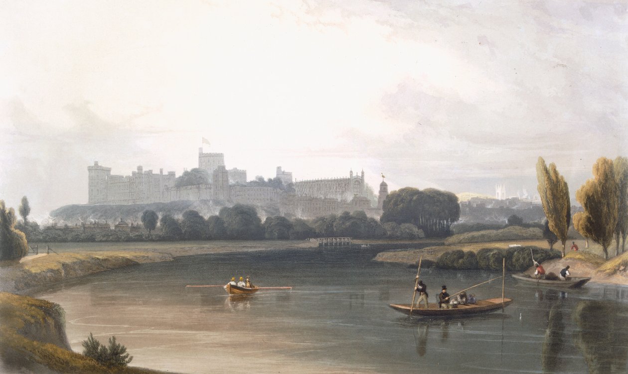 Castelo de Windsor do rio Tâmisa: vista para o oeste e pescaria a partir de pontapés, de "vistas de Windsor, Eton e Virginia Water", c.1827-30 de William Daniell