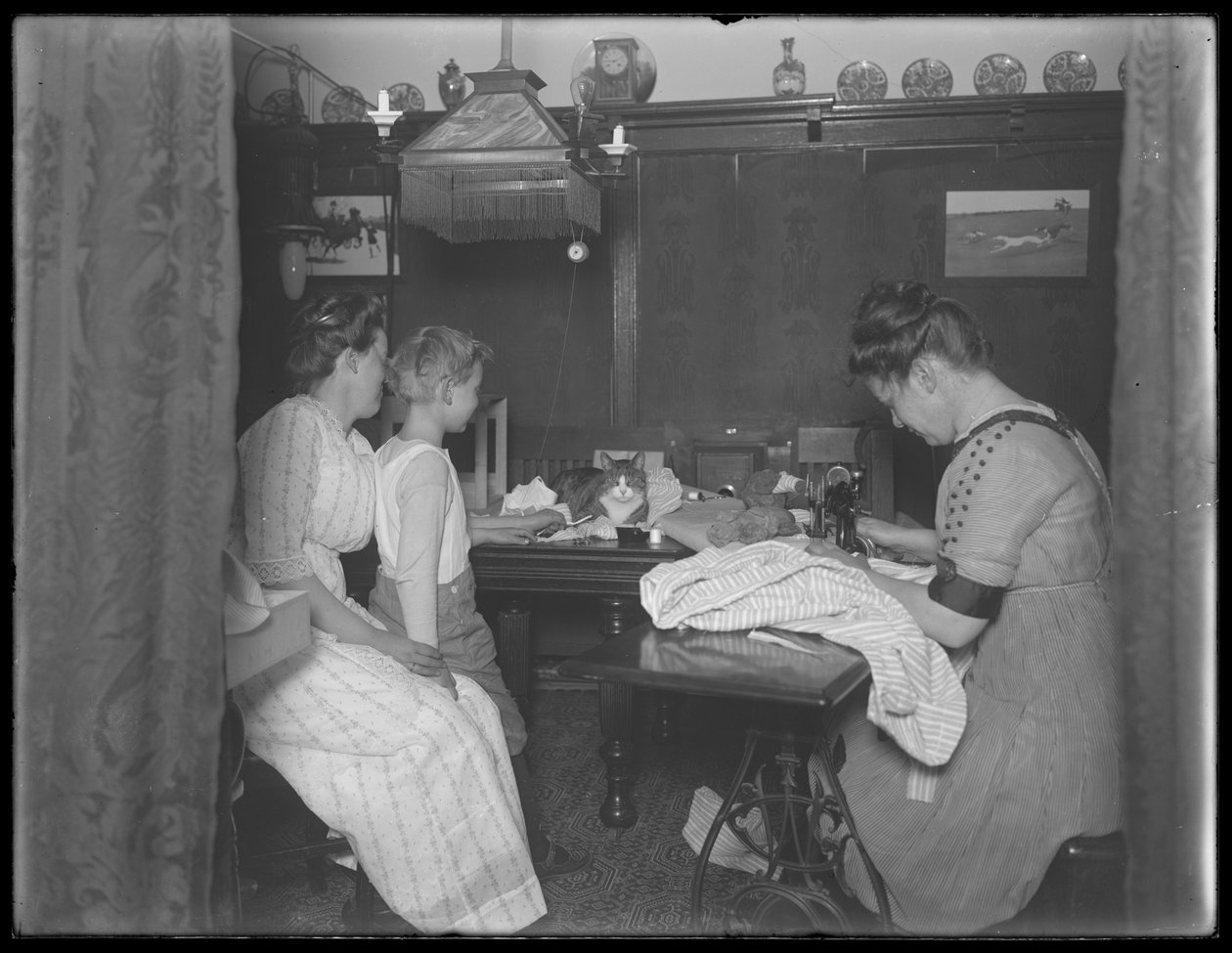 Ethel Grey Magaw Hassler, William Gray Hassler (menino), Harriet E. Hassler (operando máquina de costura) e Reddy (gato) na área de jantar de 150 Vermilyea Avenue, Apartamento 44, New York City, c.19 de William Davis Hassler