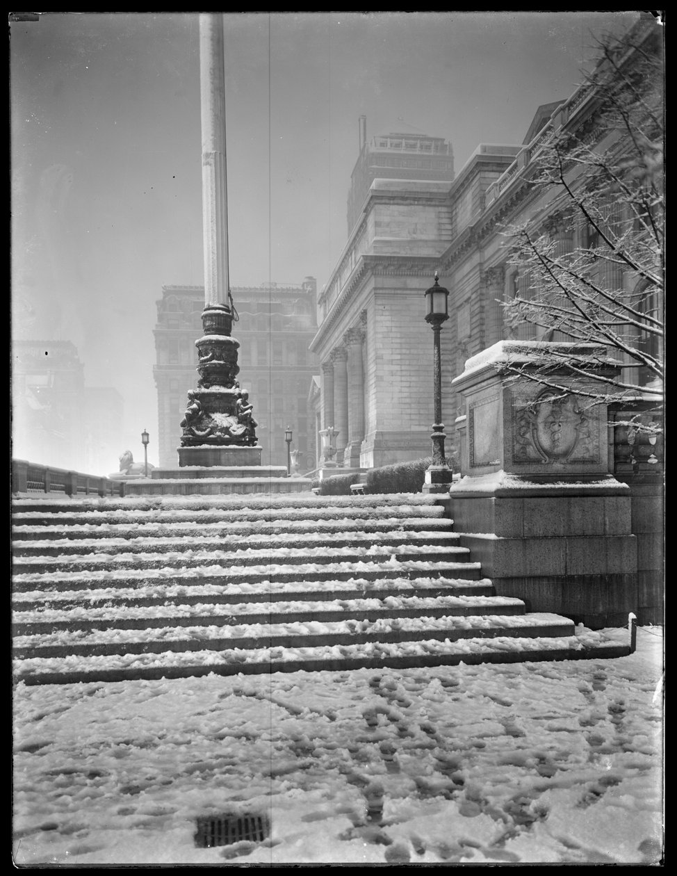 Visão noturna da entrada da filial principal da Biblioteca Pública de Nova York a partir dos degraus a nordeste, na neve, na 42nd Street e na Fifth Avenue, em Nova York, 6 de março de 1915 de William Davis Hassler