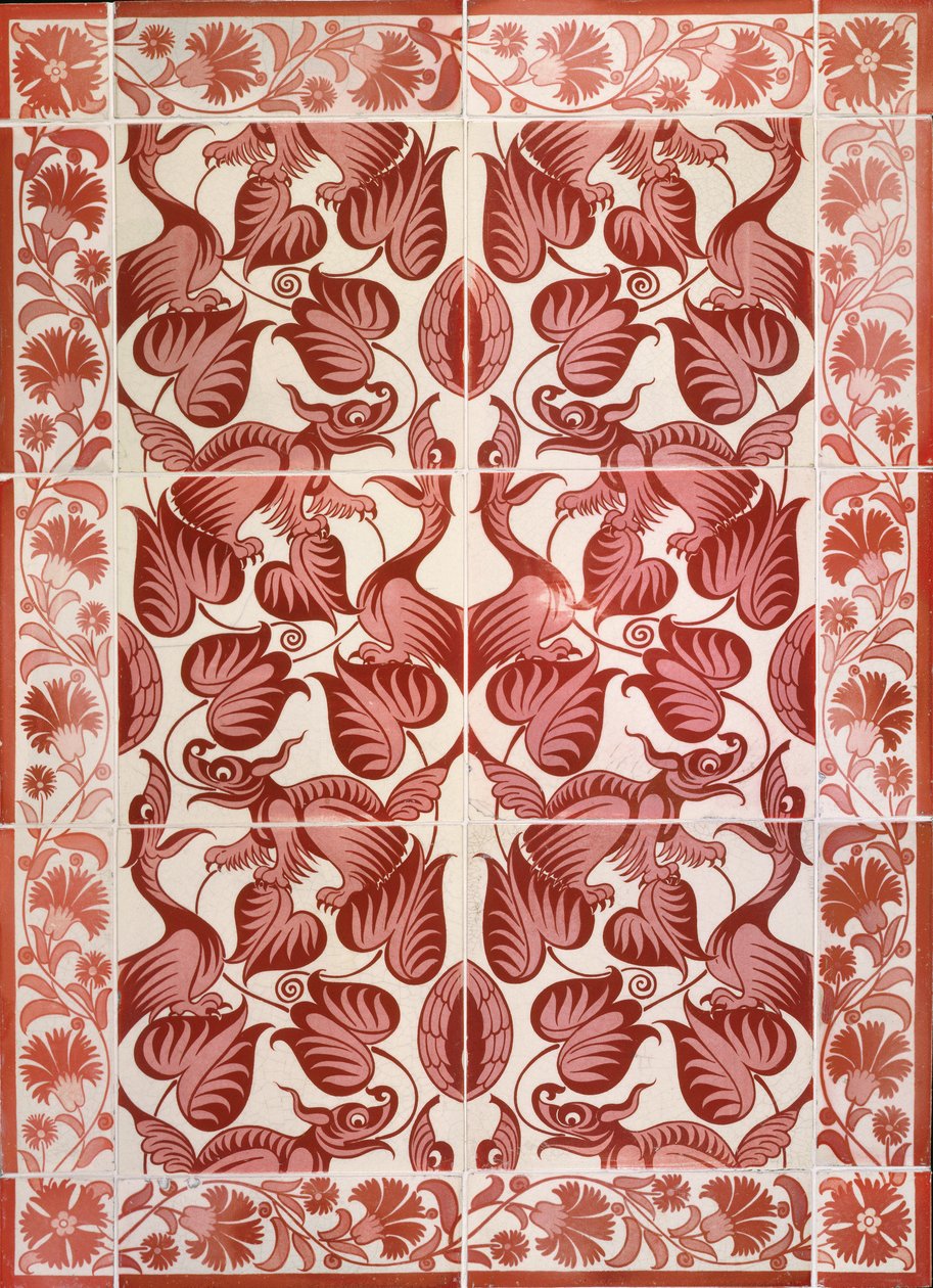 C.4-1941 Painel de azulejos de repetição padrão de pássaros, dragões e folhagem, c.1882-88 (louça de barro com esmalte de brilho) de William de Morgan