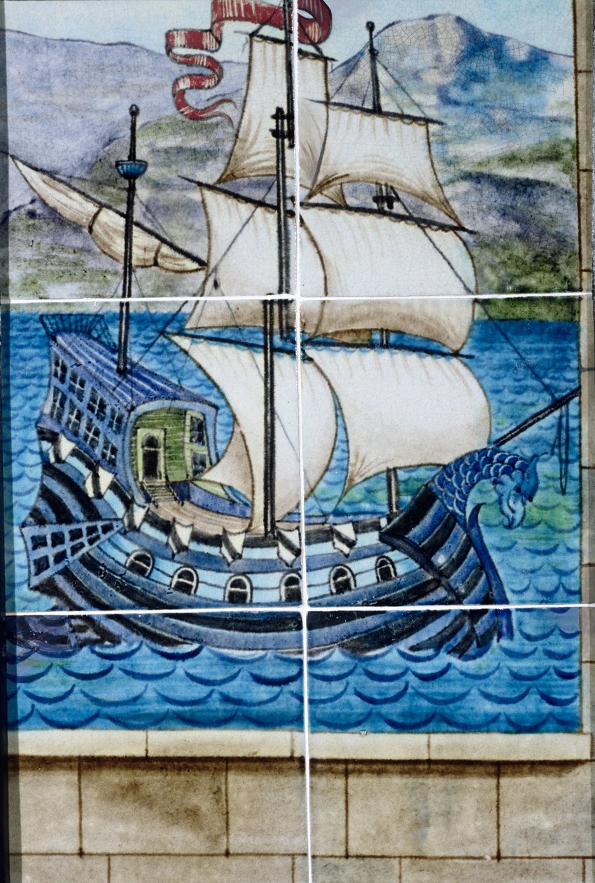 Seis peças representando um galeão (cerâmica) de William de Morgan