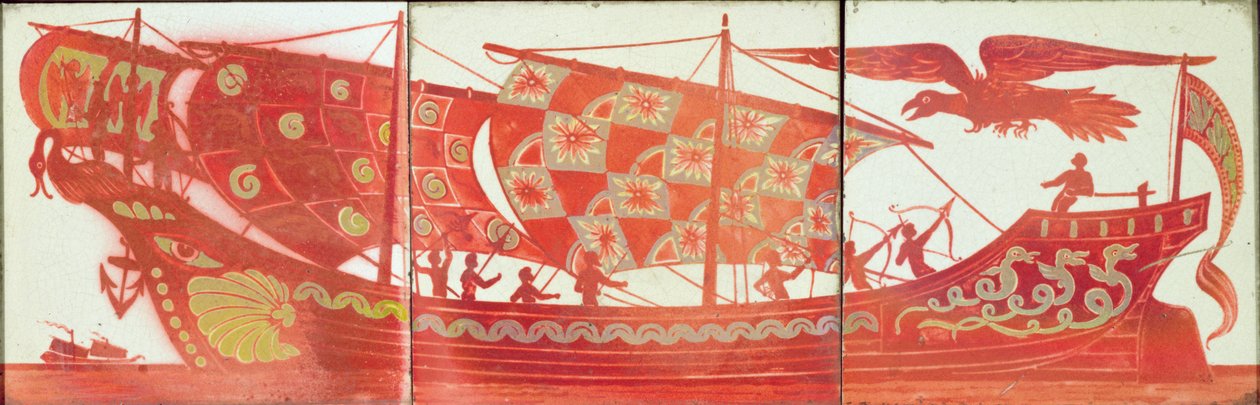 Três, azulejos, descrevendo, um, navio, (ceramic) de William de Morgan