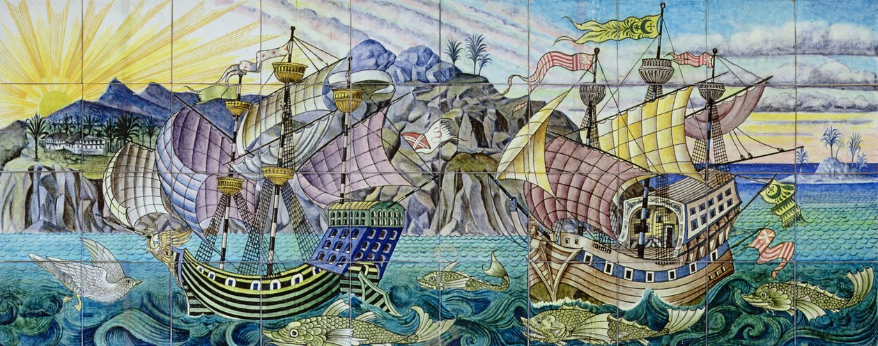 Azulejos representando galeões, 1888-97 (cerâmica) de William de Morgan