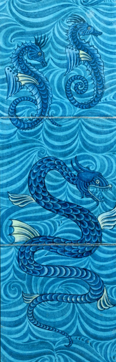 Telhas com cavalos-marinhos e uma serpente marinha (cerâmica) de William de Morgan