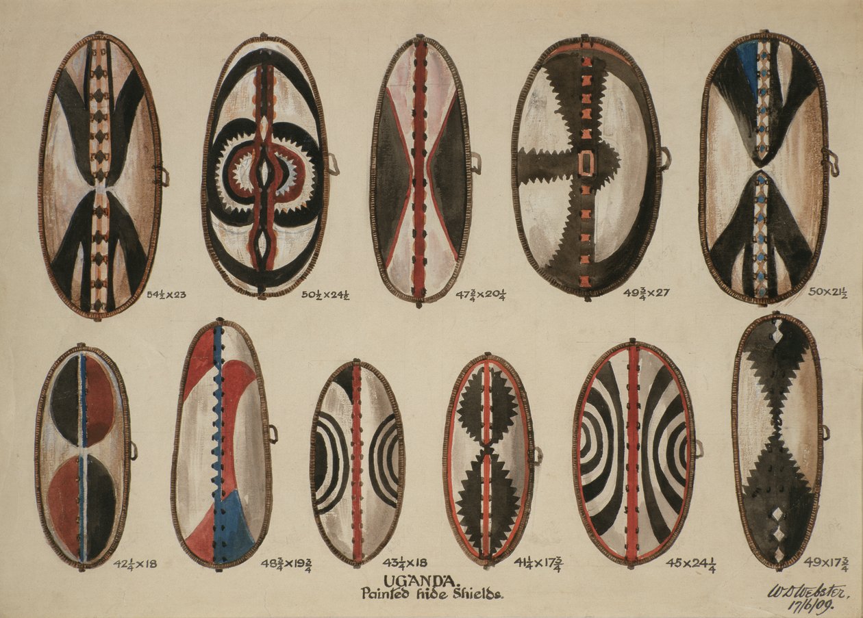 Uganda - Escudos de pele pintados, 1909 (wc no papel) de William Downing Webster