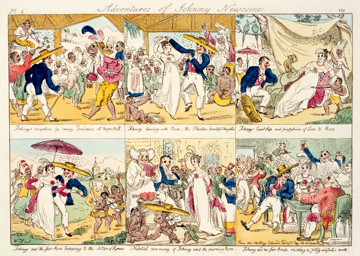 As aventuras de Johnny Newcome, publicado em 1812 (gravura colorida) de William Elmes