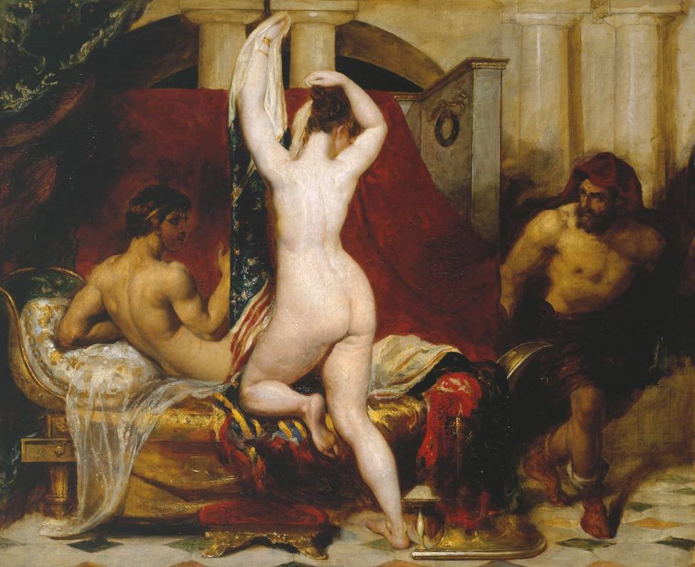 Candaules, rei da Lídia, mostra sua esposa escondendo Giges, um de seus ministros, enquanto vai para a cama. Esta imagem ilustra a versão de Heródoto da história de Giges.nEnglish: Candaules, rei da Lídia, Shews sua esposa por Stealth para Gyges, um dos h de William Etty