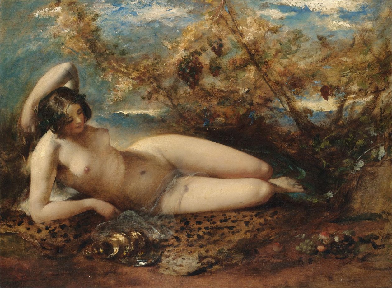 Um, mulheres jovens, reclinar, ligado, um, tapete pele de William Etty