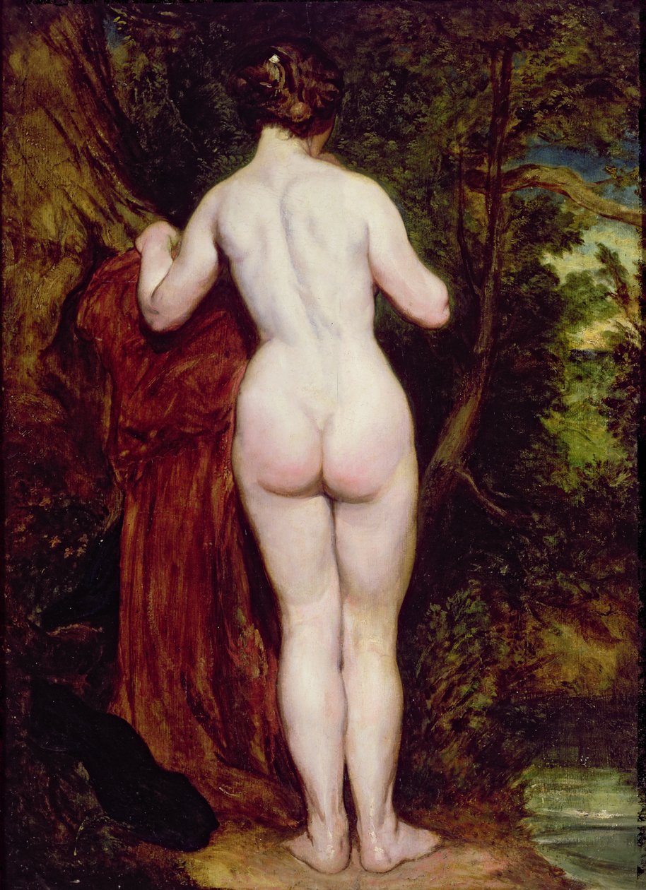 Nu fêmea ereta por um córrego, 1825 (óleo no millboard) de William Etty
