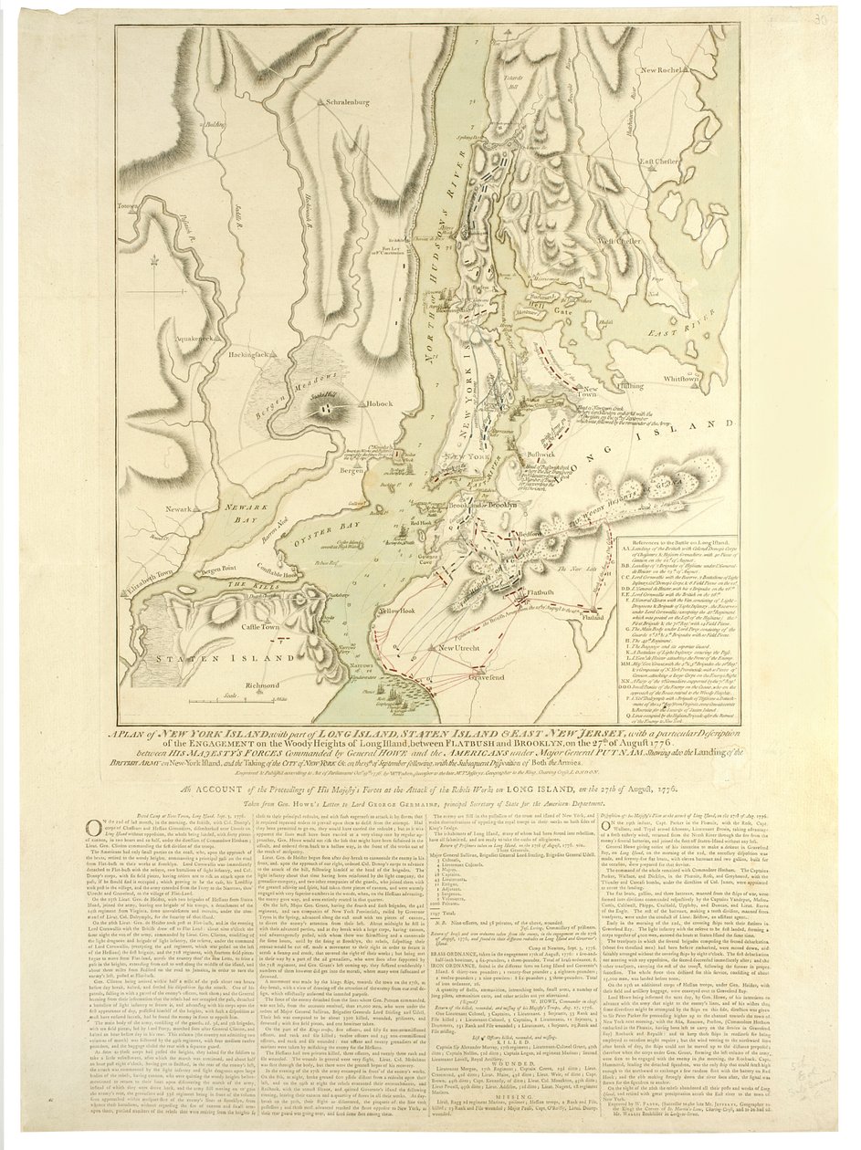 Um plano da Ilha de Nova York, com parte de Long Island, Staten Island e East New Jersey, com uma descrição particular do compromisso nas alturas de Woody de Long Island entre Flatbush e Brooklyn. de William Faden