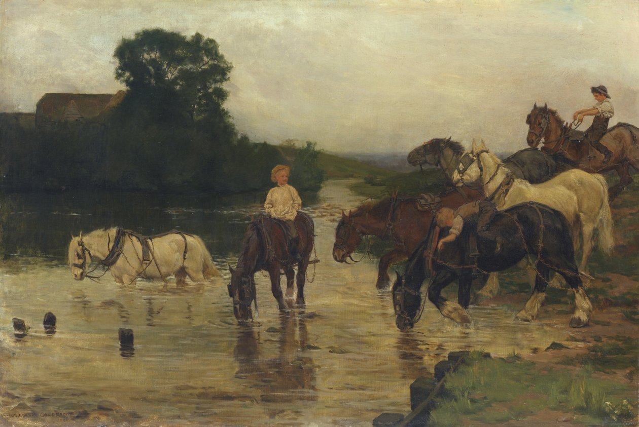 Cavalos de banho depois do trabalho, 1884 de William Frank Calderon