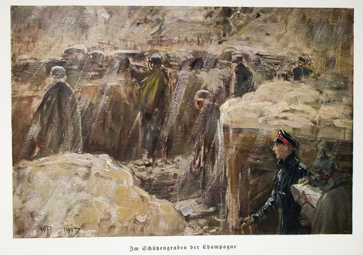 William, príncipe herdeiro da Alemanha, visitando as tropas atrás das linhas em suas trincheiras no pub Champagne. 1917 (litografia a cores) de William Friedrich Georg Pape