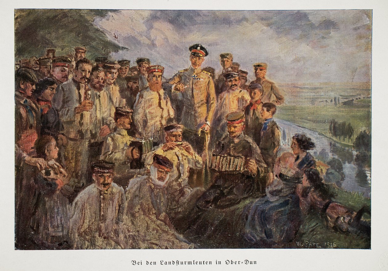 William, príncipe herdeiro da Alemanha visitando tropas que estão relaxando com suas famílias enquanto estão de folga, pub. 1918 de William Friedrich Georg Pape