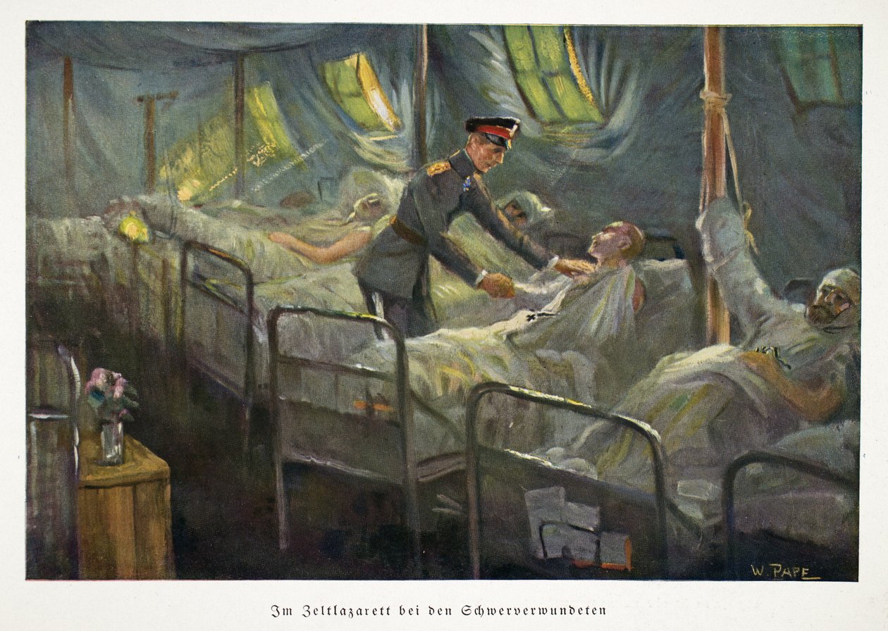 William, príncipe herdeiro da Alemanha visitando as tropas feridas em um hospital de campanha, pub. c1917 (litografia a cores) de William Friedrich Georg Pape