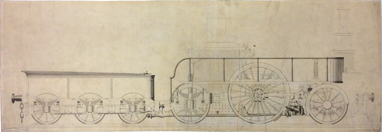 Desenho de construção da locomotiva de condensação experimental, antes de 1848 de William George Armstrong