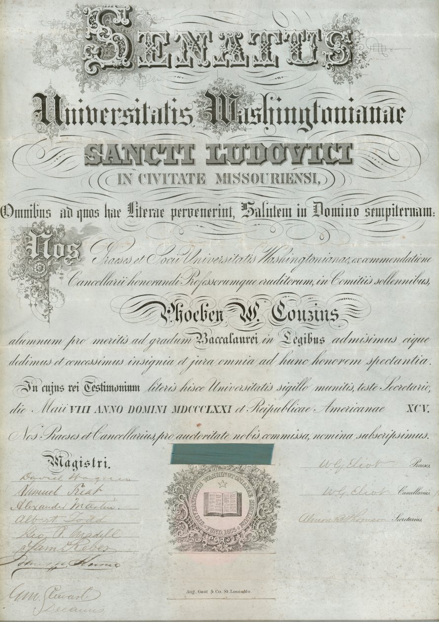 Diploma da Universidade de Washington de Phoebe Couzins, assinado pelo Presidente WG Eliot et al., 8 de maio de 1871. de William Greenleaf Eliot