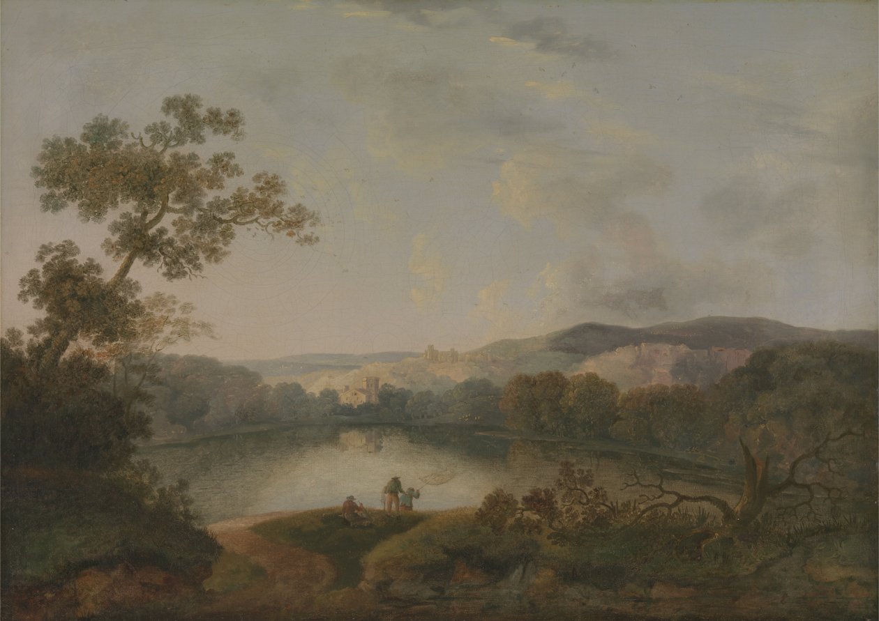 Uma vista de um lago com pescadores de William Groombridge