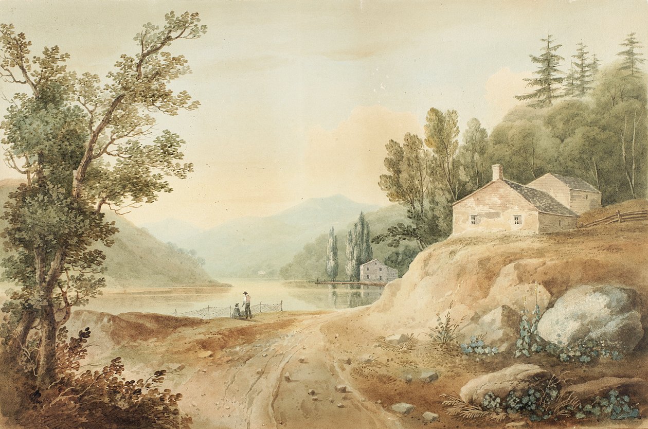 Veja perto de Fishkill, Nova York: Estudo Preparatório para a Placa 17 do Rio Hudson PortFolio, 1820 (Aquarela, grafite, vidros seletivos e arranhões com toques de guache sobre papel, de William Guy Wall
