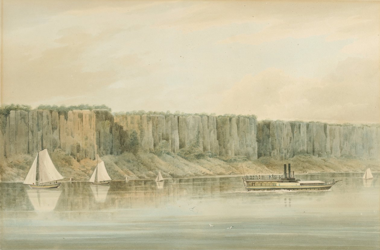 Vista das Palisades, Nova Jersey: Estudo Preparatório para a Placa 19 do Rio Hudson PortFolio, 1820 (Aquarela, grafite e arranhões com toques de guache sobre papel, colocados no cartão.) de William Guy Wall