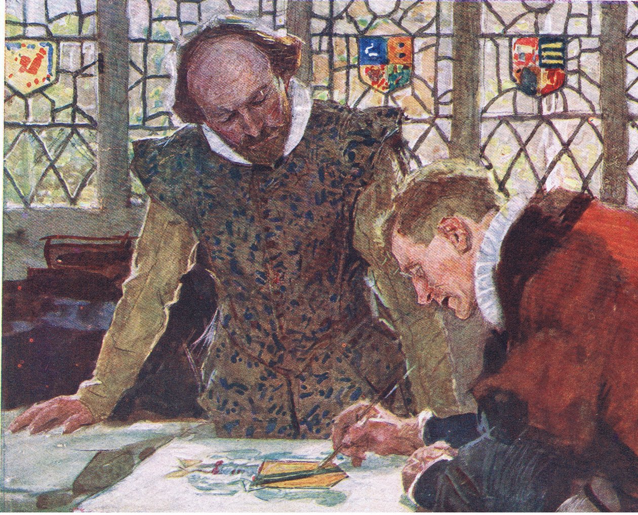 Shakespeare liga para a Casa dos Araúdos no Paul&39;s Wharf Hill para ver o brasão de seu pai, publicado na My Magazine, pub.1922. de William Hatherell