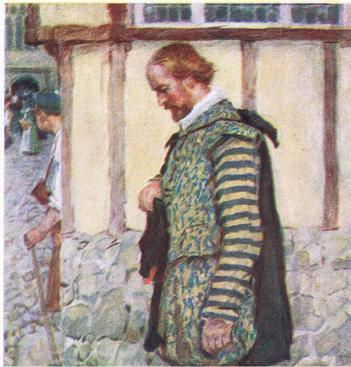 Shakespeare retira o chapéu quando ouve o som de um sino que passa, da My Magazine, pub.1922. de William Hatherell