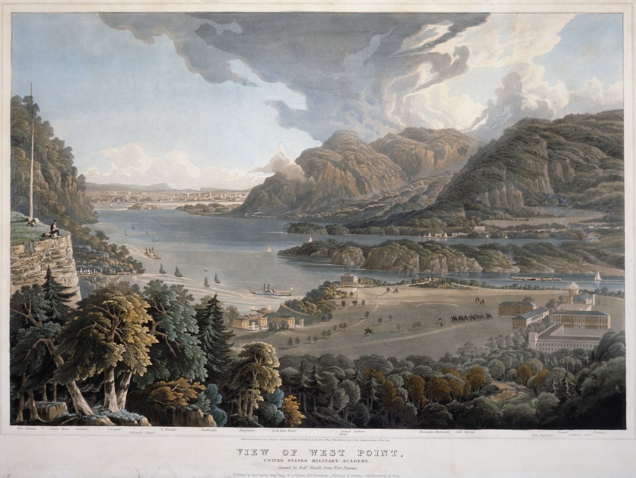Vista, de, oeste, ponto, estados unidos, academia militar, 1848, (hand-colored, aquatint, e, gravura, ligado, wove, paper) de William Havell