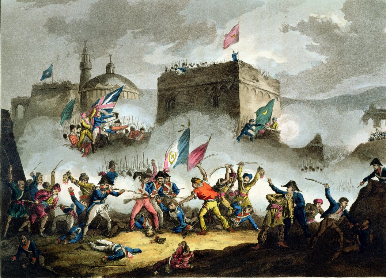 Defesa da violação em St. Jean d&39;Acre, 8 de maio de 1799, de "As conquistas marciais da Grã-Bretanha e seus aliados de 1799 a 1815", por James Jenkins, gravado por Thomas Sutherland (bc1785) pu de William Heath