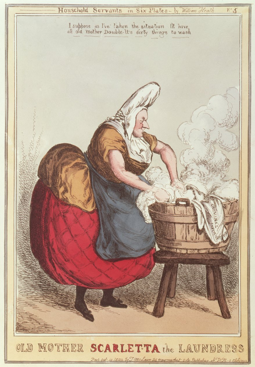 Velha Madre Scarletta, a lavadeira, no.5 da série Household Servants, publicada em 1829 de William Heath
