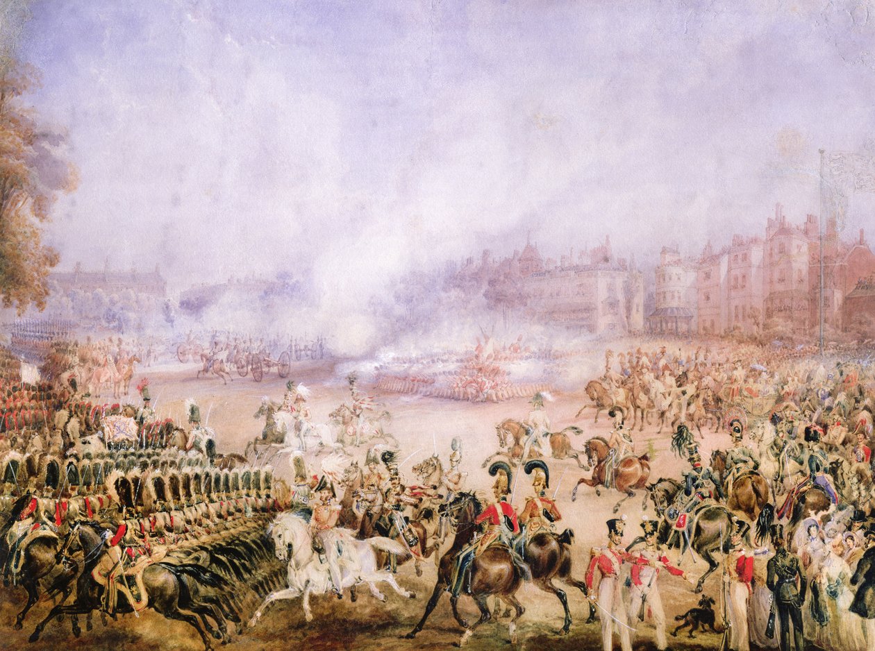 Saudação ao Dia da Adesão da Rainha Vitória, Hyde Park, Londres, 1837 (lápis, goma arábica, wc e guache sobre papel) de William Heath