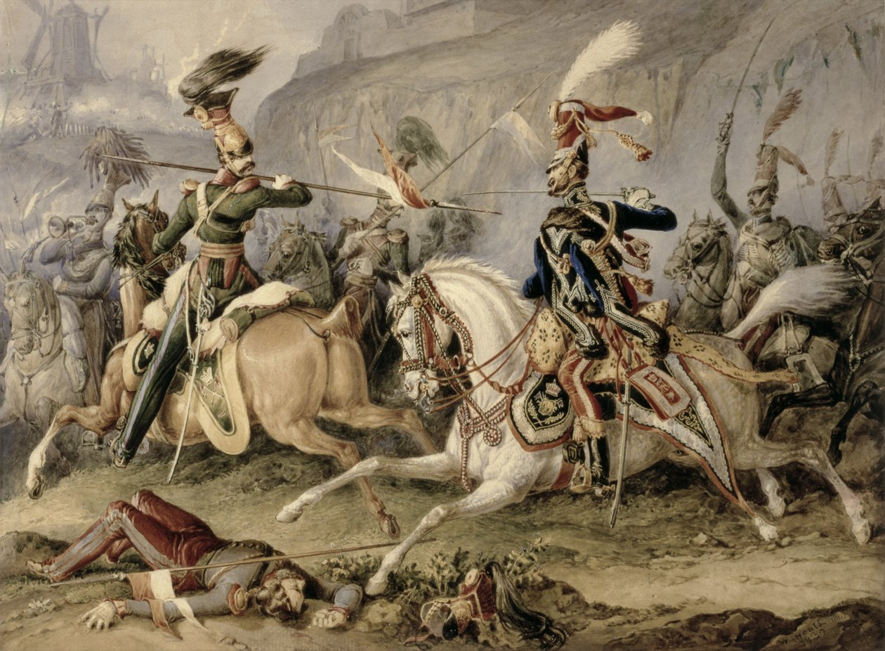 The Cavalry Battle, 1830 (wc sobre lápis aumentado com guache no papel) de William Heath