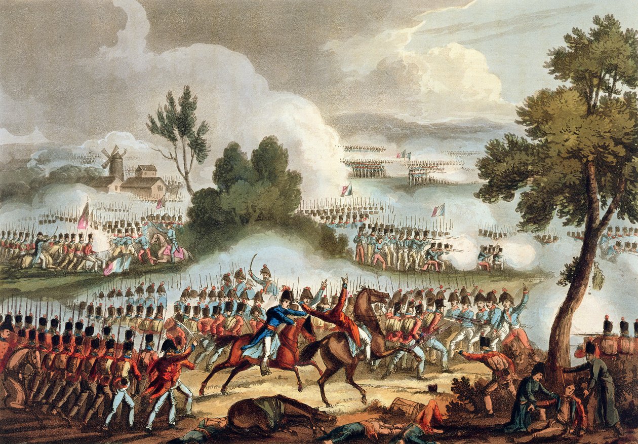A Ala Esquerda do Exército Britânico em Ação na Batalha de Waterloo, 18 de junho de 1815, de "As realizações marciais da Grã-Bretanha e seus aliados de 1799 a 1815", de James Jenkins, gravada por Tho de William Heath