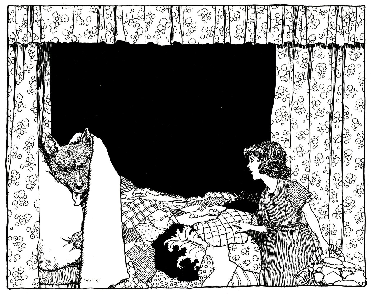 Pouca capa de equitação vermelha foi à cabeceira, ilustração das histórias de tempo velhas por Charles Perrault, bar. por Constable & Co Ltd, 1921 de William Heath Robinson