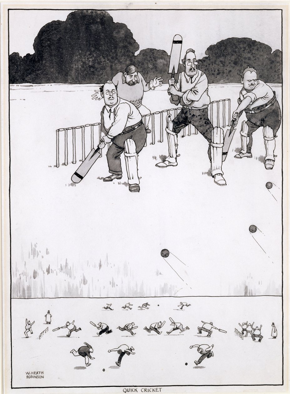 Críquete rápido, um novo método para dar a ambos os lados uma chance, uma ilustração para The Bystander, maio de 1927 (caneta e tinta e wc) de William Heath Robinson