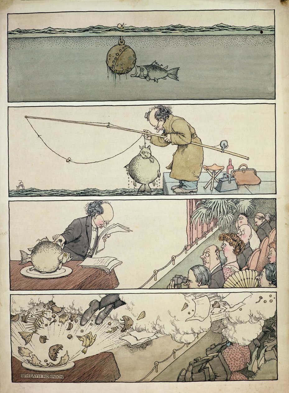O peixe e a mina flutuante de William Heath Robinson