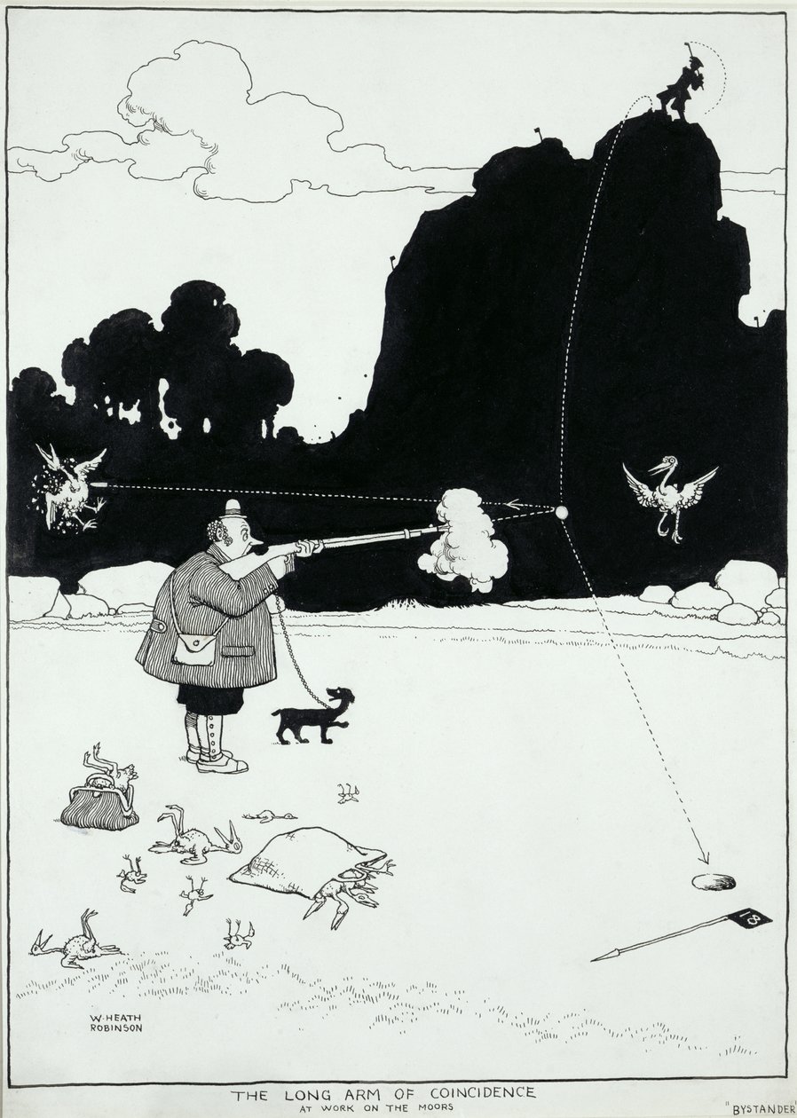 O Longo Braço de Coincidência no Trabalho nos Mouros, uma ilustração para The Bystander, agosto de 1922 (caneta e tinta) de William Heath Robinson