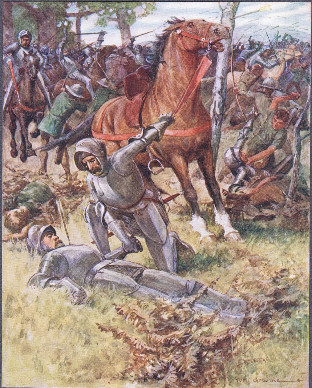 Depois de deixar a vida, Earl Percy levou o homem morto pela mão, ilustração de Ballads of Famous Fights, c.1900 de William Henry Charles Groome