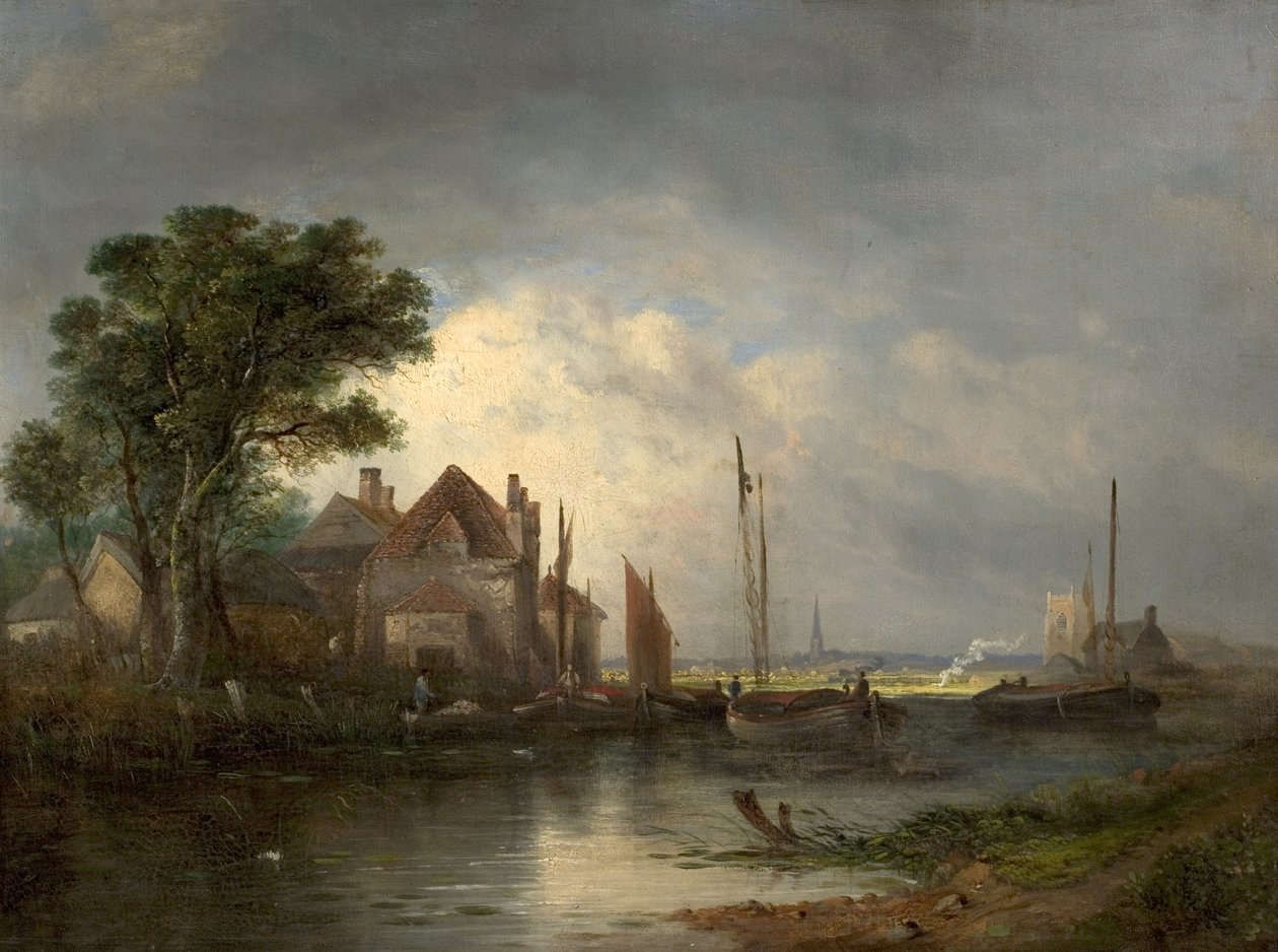 Cena do rio com barcos, século XIX de William Henry Crome