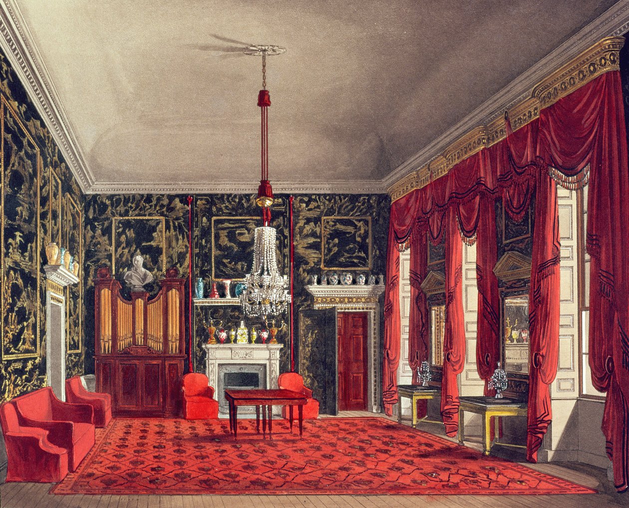 O quarto do pequeno almoço da rainha, Buckingham House, gravado por Daniel Havell (1785-1826) "da história das residências reais" pelo bar de William Henry Pyne (1769-1843). 1817 de William Henry Pyne