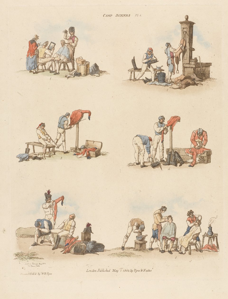 Cenas do Acampamento, 1803 (gravura colorida) de William Henry after Pyne