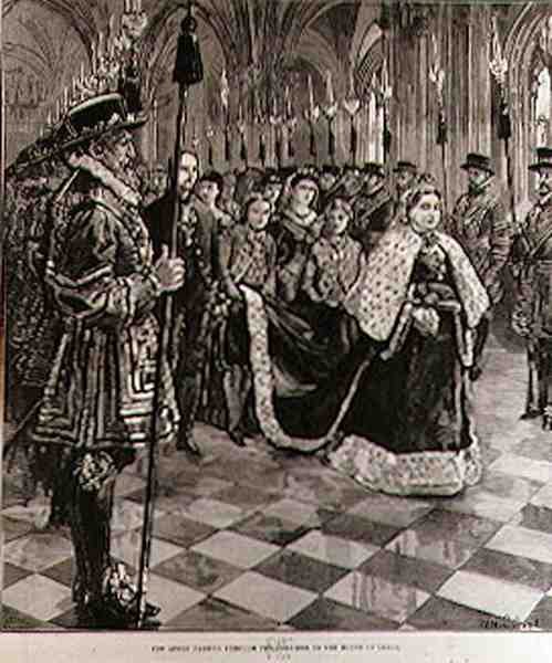 A Rainha que Passa pelo Corredor para a Câmara dos Lordes, do The Illustrated London News, 30 de janeiro de 1886 de William Heysham after Overend