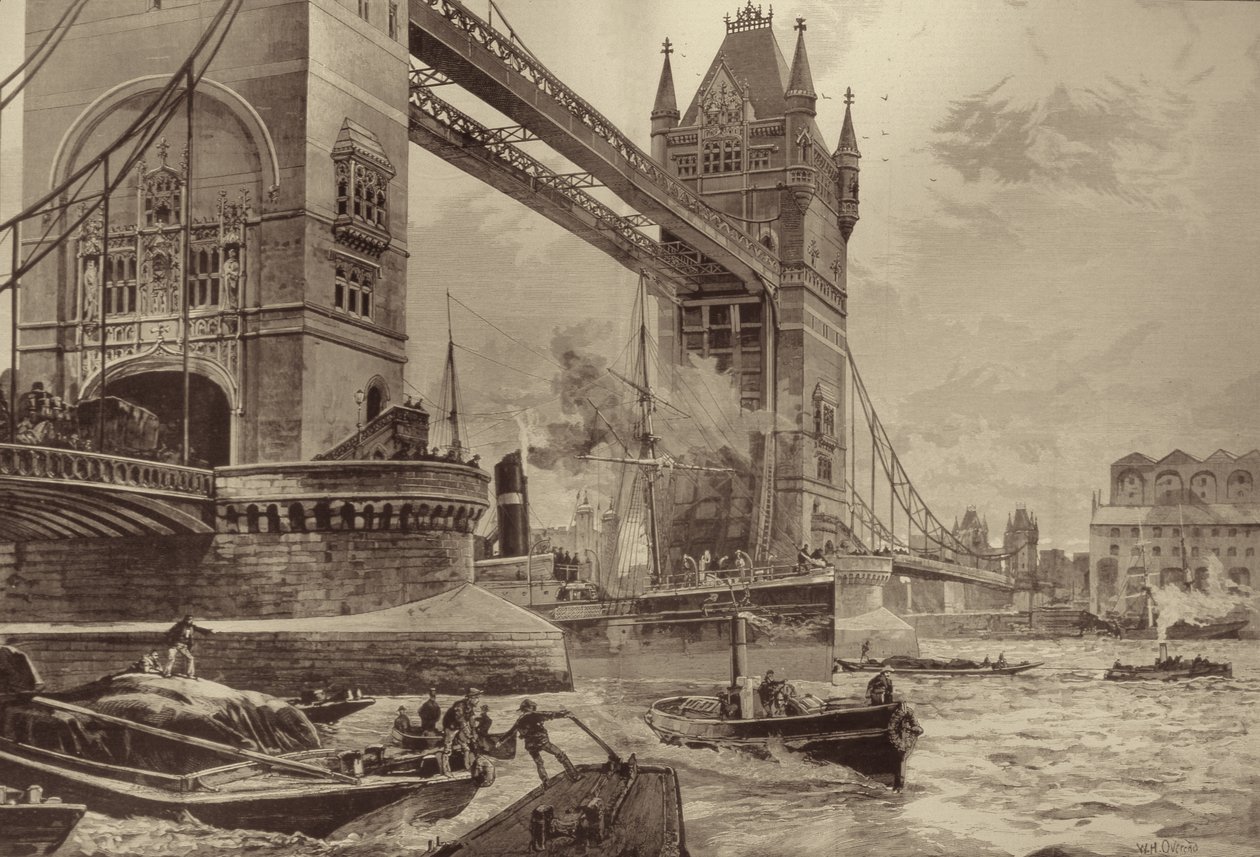 A Ponte da Torre, a ser erguida sobre o Tâmisa: Pedra Fundamental Estabelecida pelo Príncipe de Gales na Segunda-feira passada, de The Illustrated London News, 26 de junho de 1886 de William Heysham after Overend