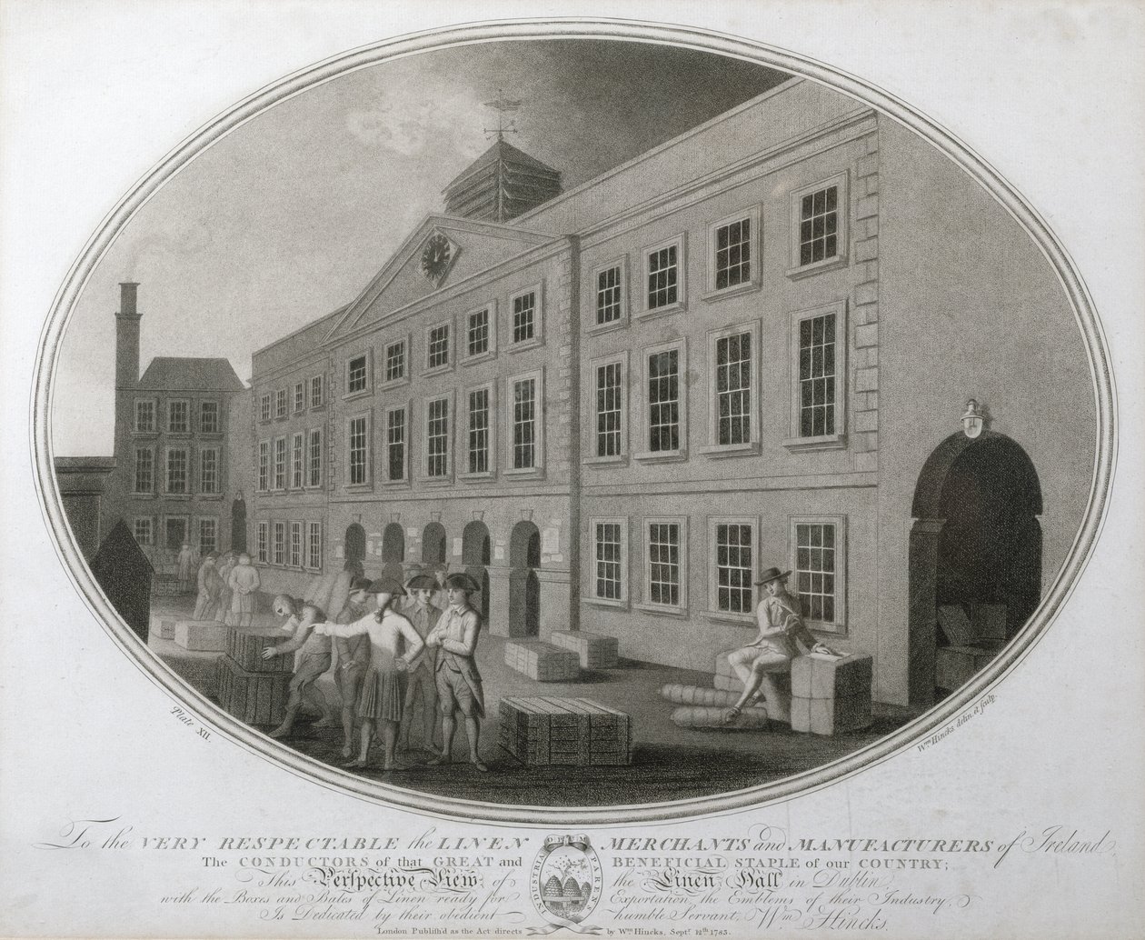 Uma vista em perspectiva do linho Hall, em Dublin, placa XII da Linen Manufactory of Ireland, 1783 (mezzotint) de William Hincks