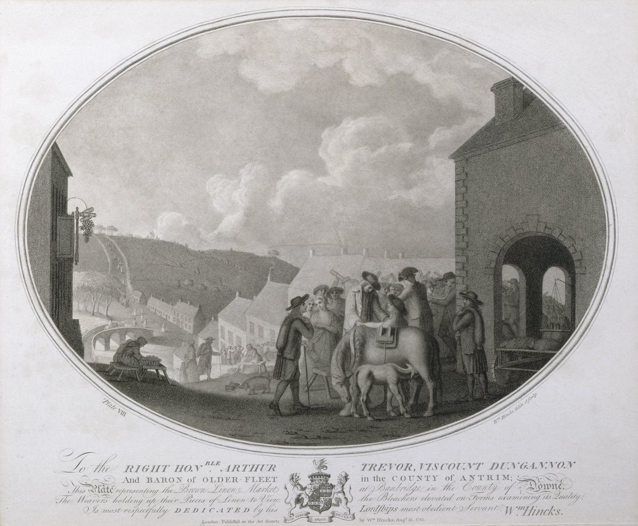 O mercado de linho marrom em Banbridge no condado de Antrim, placa VIII da fábrica de linho da Irlanda, 1783 (mezzotint) de William Hincks