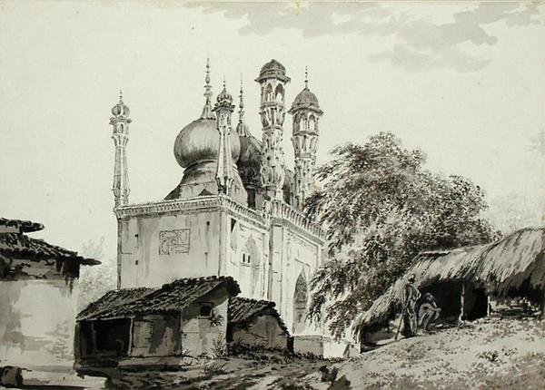 Uma mesquita em Gazipoor, c.1781 (lápis, caneta, tinta e lavar no papel) de William Hodges